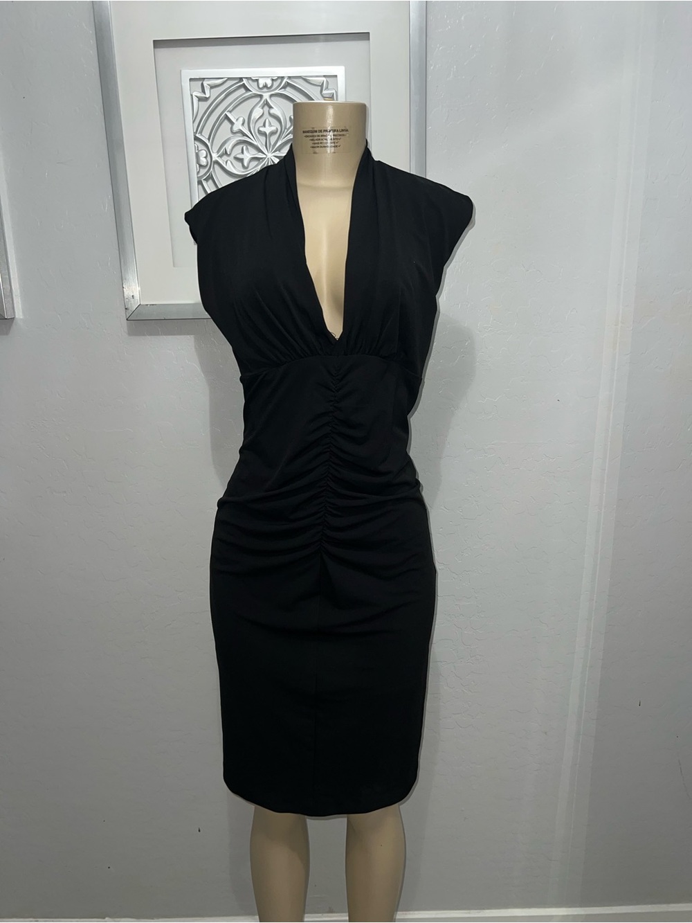 Black Ruched V-Neck Sheath Dress